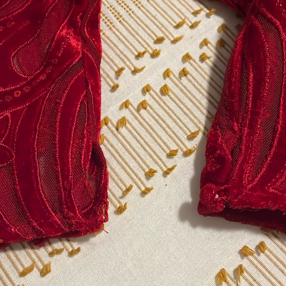 MARCHESA Notte Designer Velvet Sequin long sleeve dress red 6 8 sheer - Picture 11 of 11